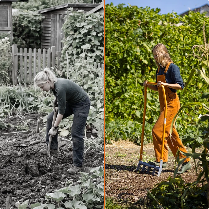 Comparison of body posture: stooped with a garden fork versus upright with the TERRADIX Broadfork