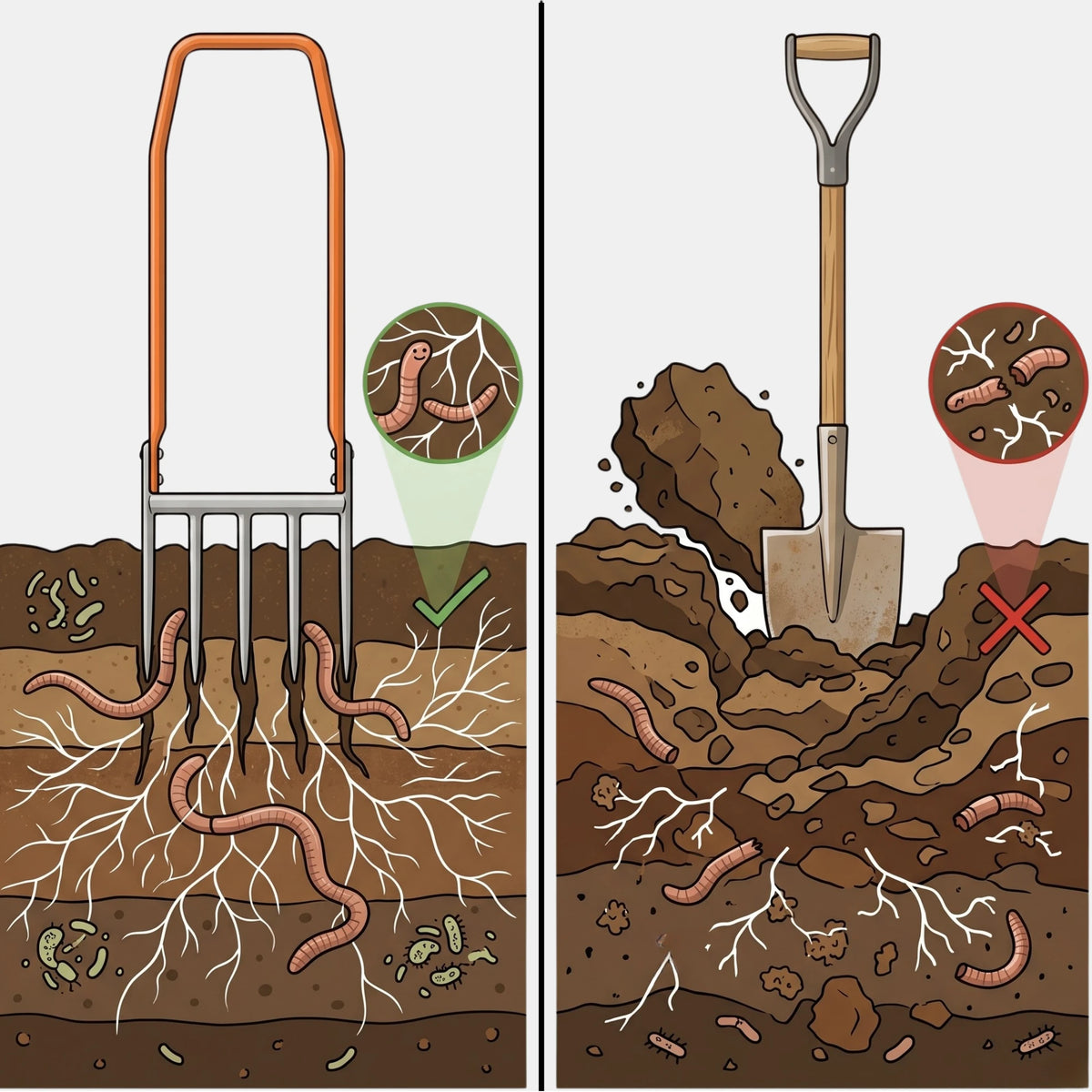 Cross-section of the soil: Broadfork loosens at depth, the spade turns and destroys the structure